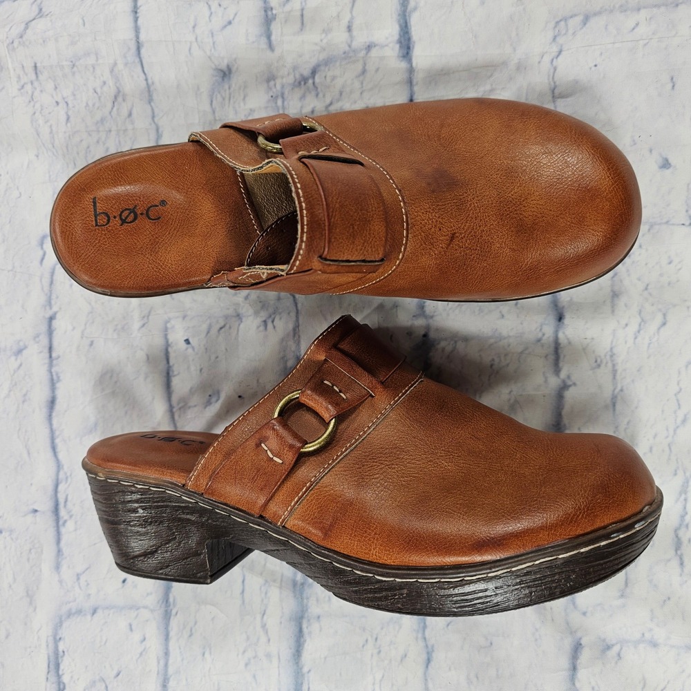 b.o.c. Clogs Mules Womens 11 Tan Faux Leather Buckle Block Heel Slip On Shoes